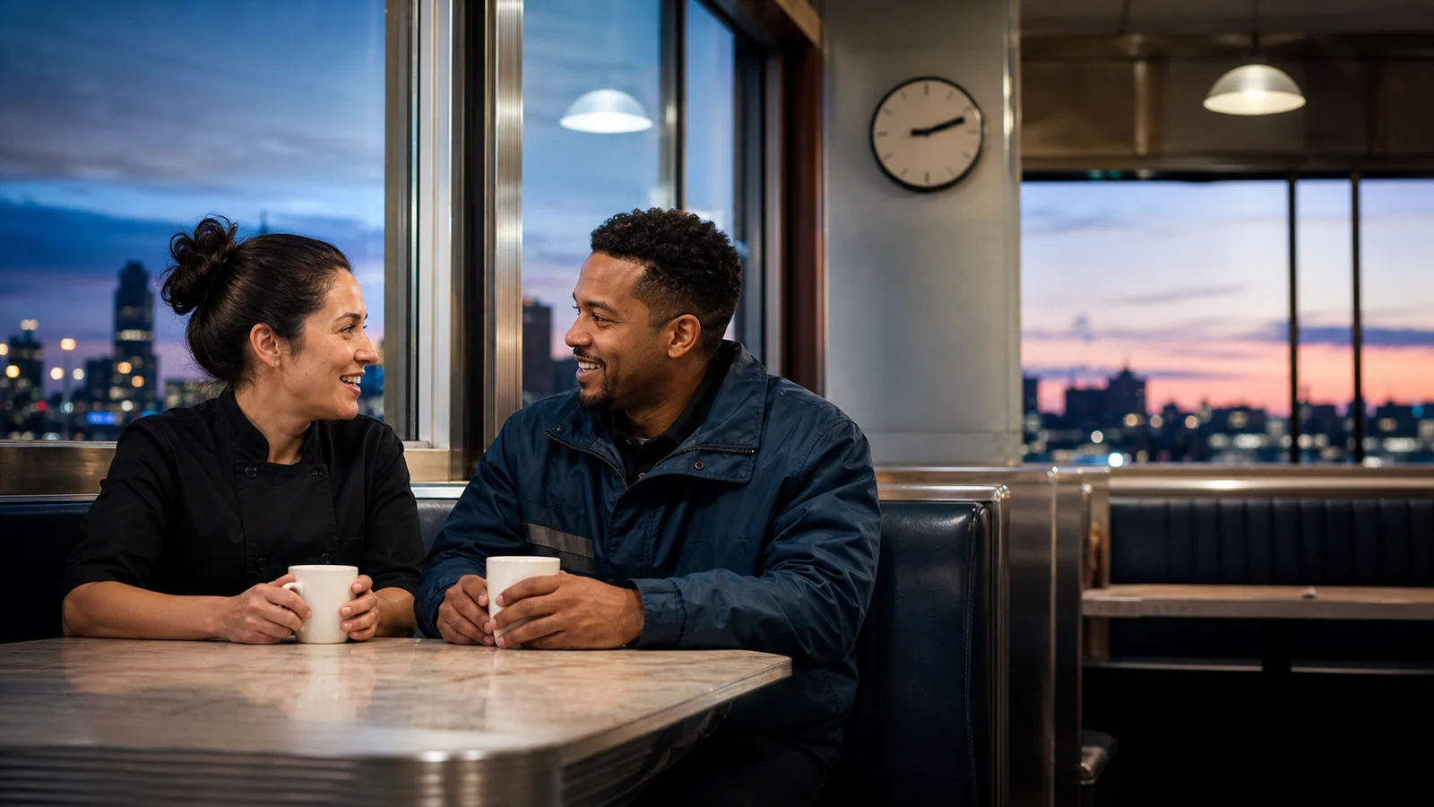 Night workers meeting through a live dating introduction