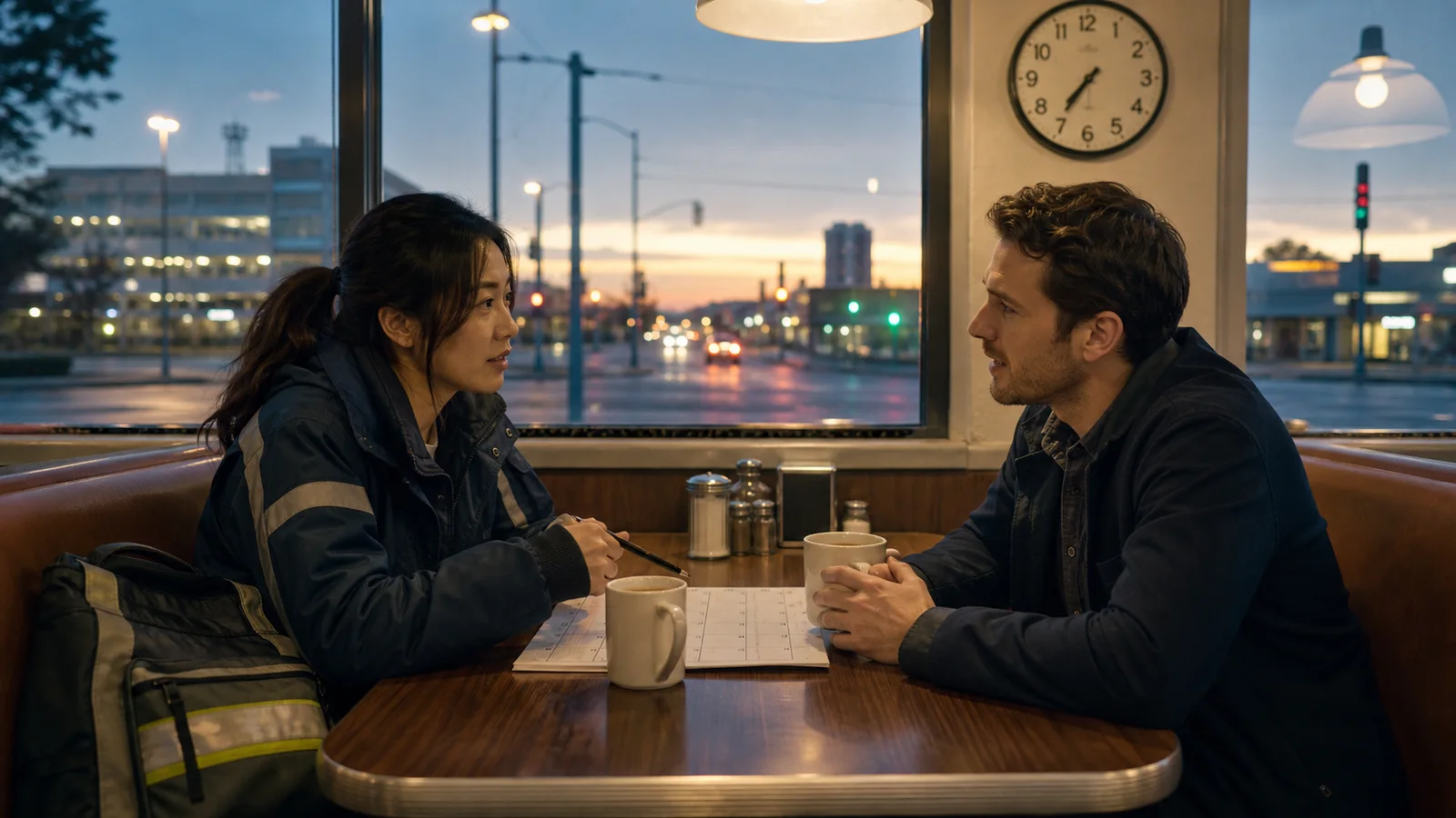 Two night-shift workers comparing schedules over coffee before sunrise